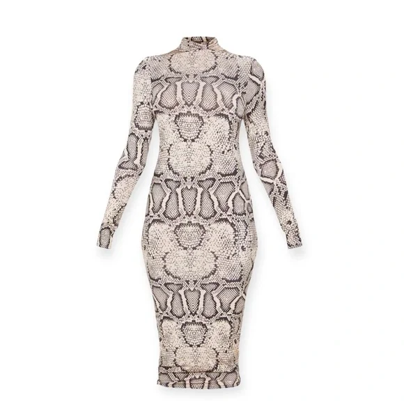 shape taupe snake print slinky ruched bardot midi dress PrettyLittleThing | Dresses | Nwt Prettylittlething Snake Print Slinky High  Neck Midi Dress